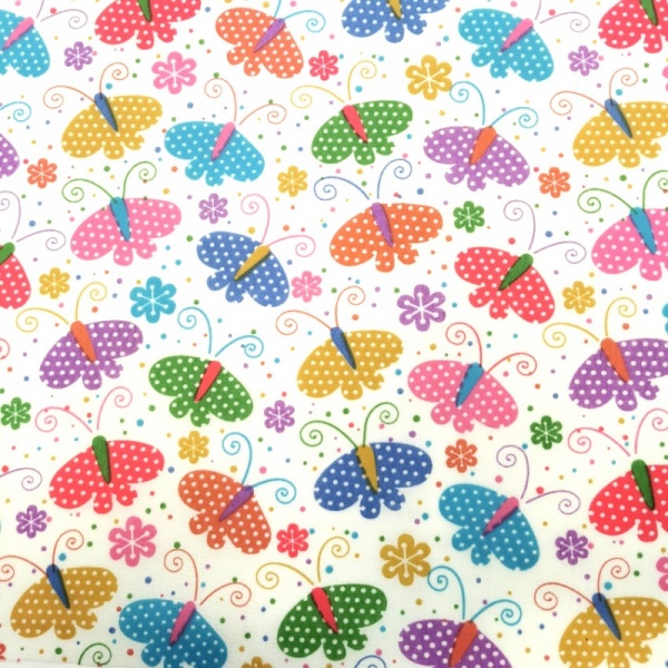 Multi Colour Butterflies on White Polycotton